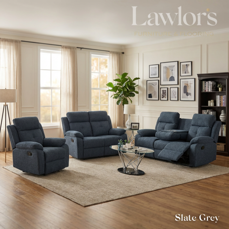 Slate grey recliner sofa set in a living room