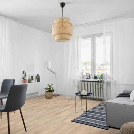The Alexandria Oak Engineered Flooring - 15mm features warm tones, whitewashed grain, easy installation and durable European craftsmanship