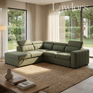 Green sectional LHF sofa bed in a modern living room with large windows
