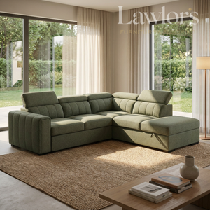 Green sectional RHF sofa bed in a living room with large windows