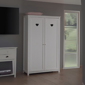 The Amori White 2 Door Wardrobe with hearts offers romantic style and space for storing various clothing, bed linen and ample storage for accessories