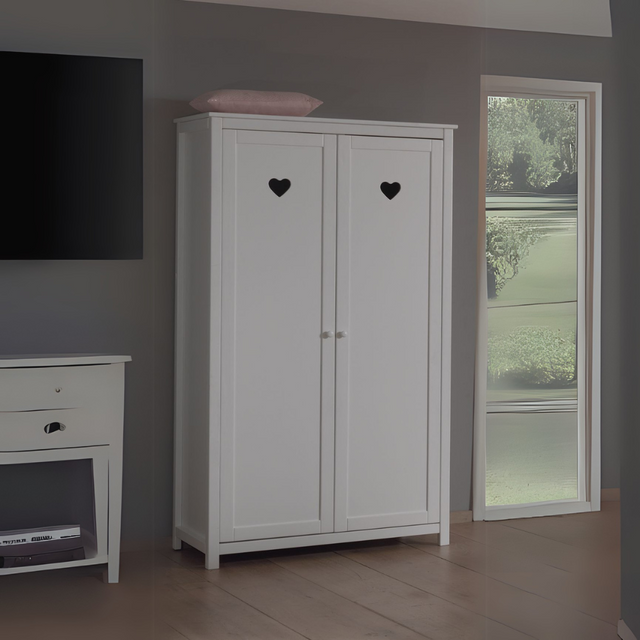 The Amori White 2 Door Wardrobe with hearts offers romantic style and space for storing various clothing, bed linen and ample storage for accessories