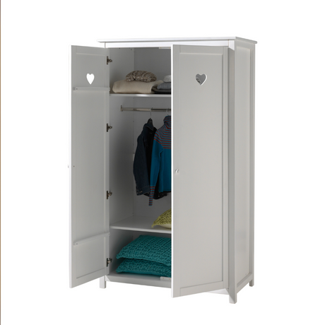 The Amori White 2 Door Wardrobe with hearts offers romantic style and space for storing various clothing, bed linen and ample storage for accessories