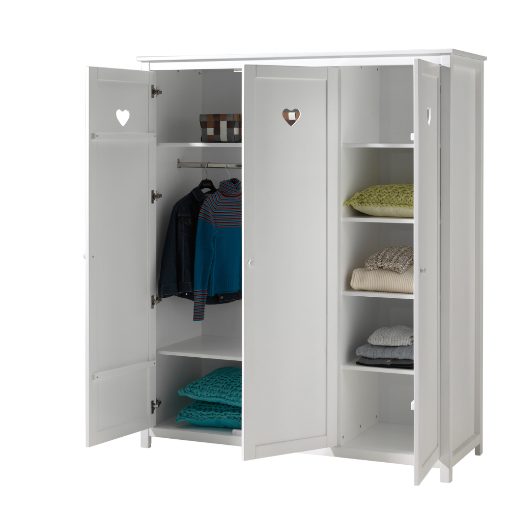 The VIPACK Amori White 3 Door Wardrobe with hearts offers romantic design and storage space for storing clothes, bed linen and more