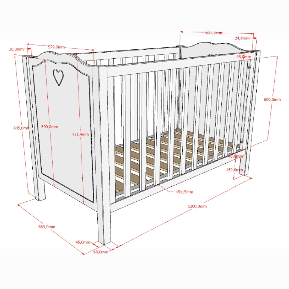 The Amori Baby Bed 60 x 120cm in White offers a romantic hearts detail, 3 height slatted base & a Belgian design, perfect for a stylish baby room with charm