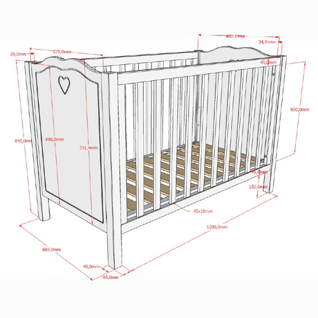 The Amori Baby Bed 60 x 120cm in White offers a romantic hearts detail, 3 height slatted base & a Belgian design, perfect for a stylish baby room with charm