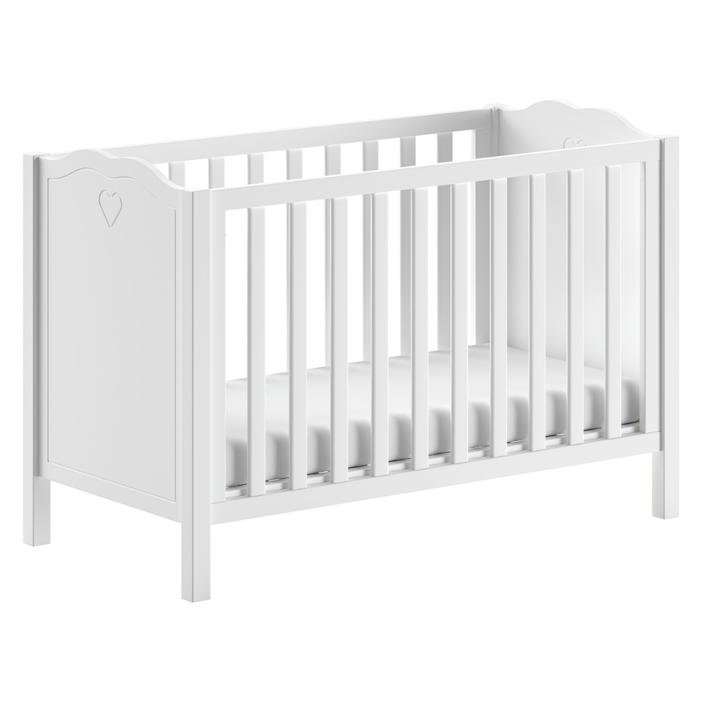 The Amori Baby Bed 60 x 120cm in White offers a romantic hearts detail, 3 height slatted base & a Belgian design, perfect for a stylish baby room with charm
