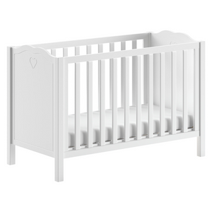 The Amori Baby Bed 60 x 120cm in White offers a romantic hearts detail, 3 height slatted base & a Belgian design, perfect for a stylish baby room with charm