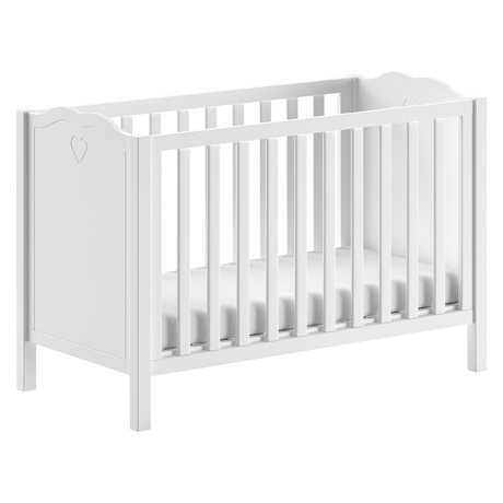 The Amori Baby Bed 60 x 120cm in White offers a romantic hearts detail, 3 height slatted base & a Belgian design, perfect for a stylish baby room with charm