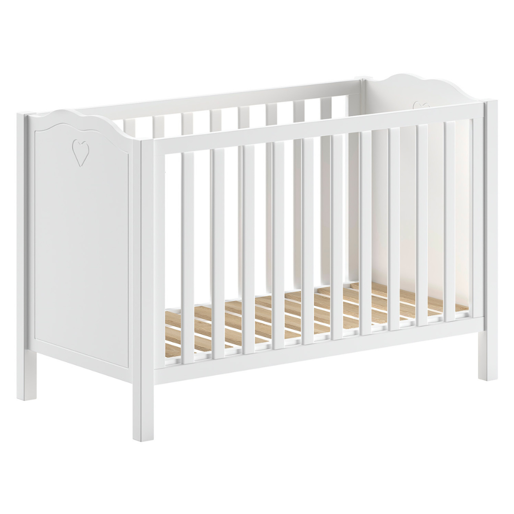 The Amori Baby Bed 60 x 120cm in White offers a romantic hearts detail, 3 height slatted base & a Belgian design, perfect for a stylish baby room with charm