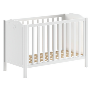 The Amori Baby Bed 60 x 120cm in White offers a romantic hearts detail, 3 height slatted base & a Belgian design, perfect for a stylish baby room with charm