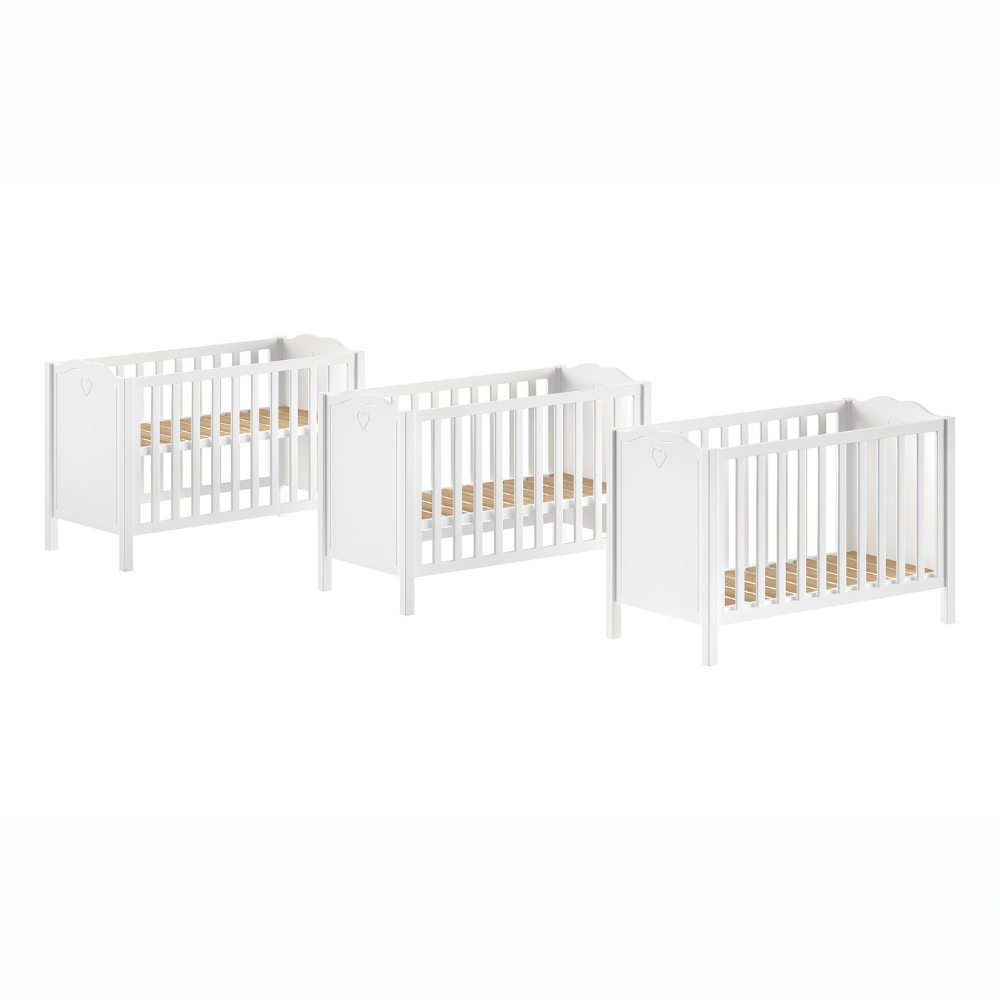 The Amori Baby Bed 60 x 120cm in White offers a romantic hearts detail, 3 height slatted base & a Belgian design, perfect for a stylish baby room with charm