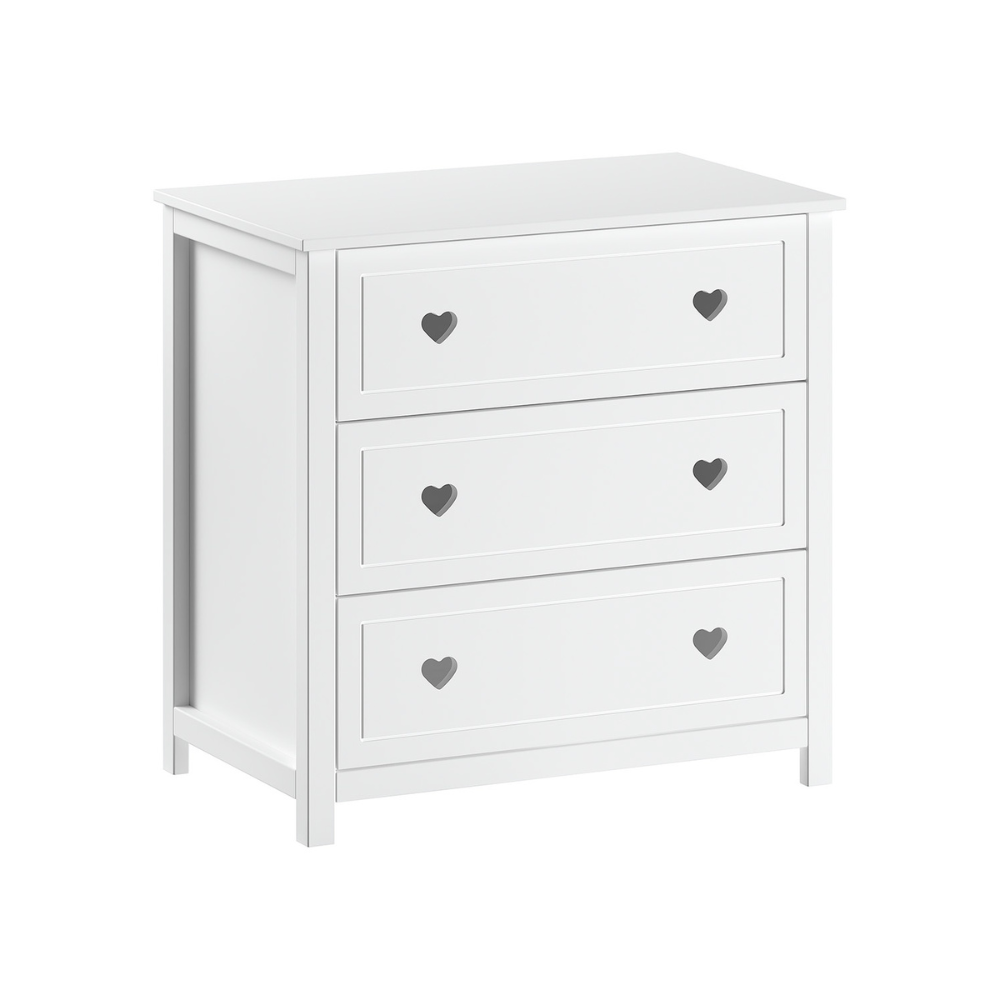VIPACK Amori White hearts romantic baby room chest with 3 drawers, dress for nursery or youth room, soft close, storage for clothes or changing needs