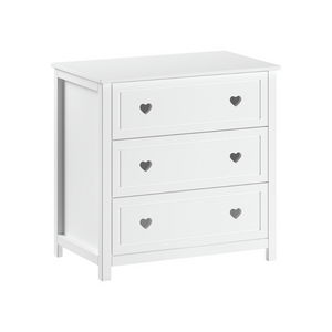 VIPACK Amori White hearts romantic baby room chest with 3 drawers, dress for nursery or youth room, soft close, storage for clothes or changing needs