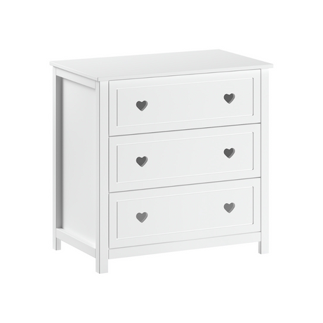 VIPACK Amori White hearts romantic baby room chest with 3 drawers, dress for nursery or youth room, soft close, storage for clothes or changing needs
