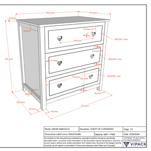 VIPACK Amori White hearts romantic baby room chest with 3 drawers, dress for nursery or youth room, soft close, storage for clothes or changing needs