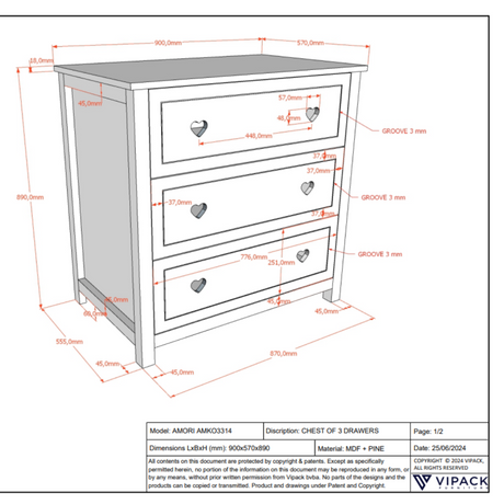 VIPACK Amori White hearts romantic baby room chest with 3 drawers, dress for nursery or youth room, soft close, storage for clothes or changing needs