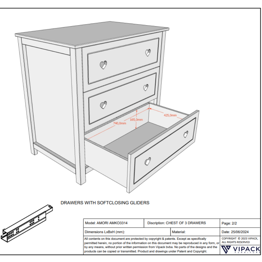 VIPACK Amori White hearts romantic baby room chest with 3 drawers, dress for nursery or youth room, soft close, storage for clothes or changing needs