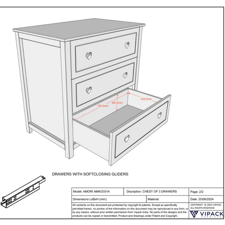 VIPACK Amori White hearts romantic baby room chest with 3 drawers, dress for nursery or youth room, soft close, storage for clothes or changing needs