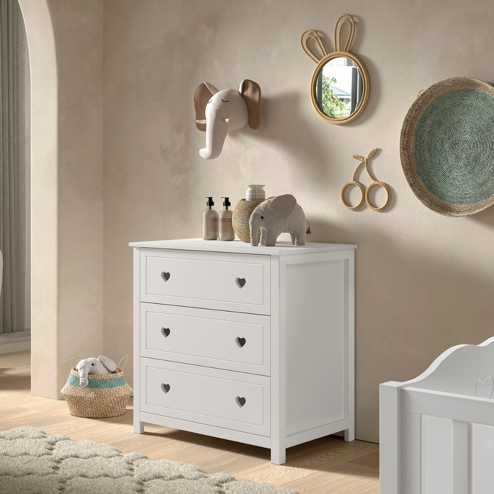 VIPACK Amori White hearts romantic baby room chest with 3 drawers, dress for nursery or youth room, soft close, storage for clothes or changing needs