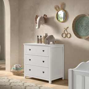 VIPACK Amori White hearts romantic baby room chest with 3 drawers, dress for nursery or youth room, soft close, storage for clothes or changing needs