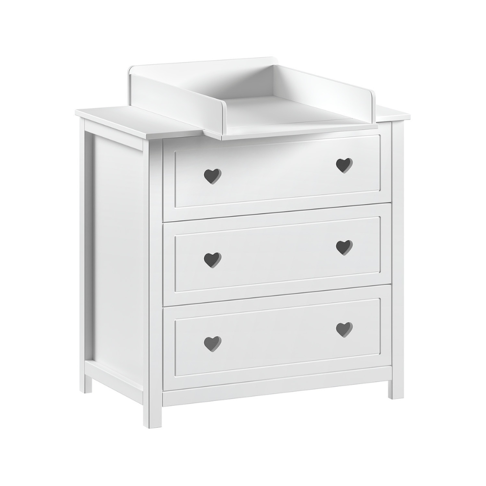 The Amori Dresser with Changing Top White baby room dresser with hearts & romantic charm includes attachment for changing or diaper mat & soft close drawers