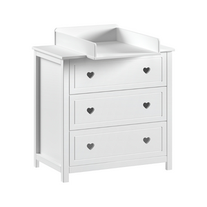The Amori Dresser with Changing Top White baby room dresser with hearts & romantic charm includes attachment for changing or diaper mat & soft close drawers