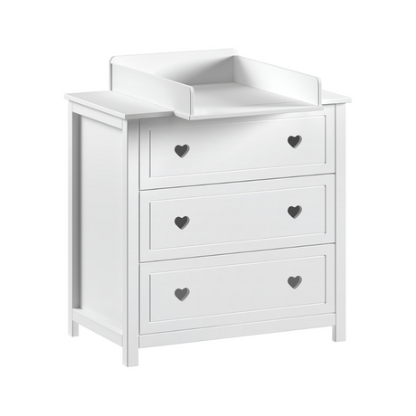 The Amori Dresser with Changing Top White baby room dresser with hearts & romantic charm includes attachment for changing or diaper mat & soft close drawers