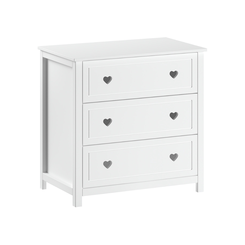 The Amori Dresser with Changing Top White baby room dresser with hearts & romantic charm includes attachment for changing or diaper mat & soft close drawers