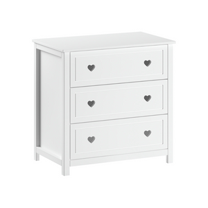 The Amori Dresser with Changing Top White baby room dresser with hearts & romantic charm includes attachment for changing or diaper mat & soft close drawers