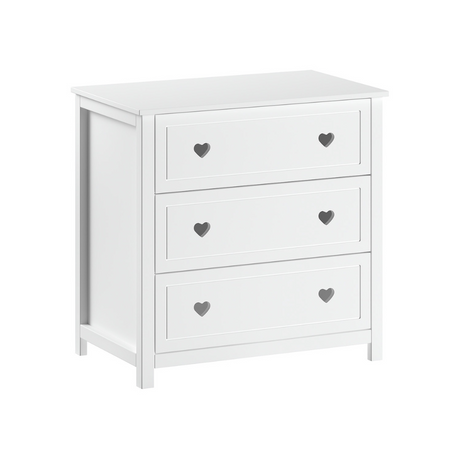 The Amori Dresser with Changing Top White baby room dresser with hearts & romantic charm includes attachment for changing or diaper mat & soft close drawers