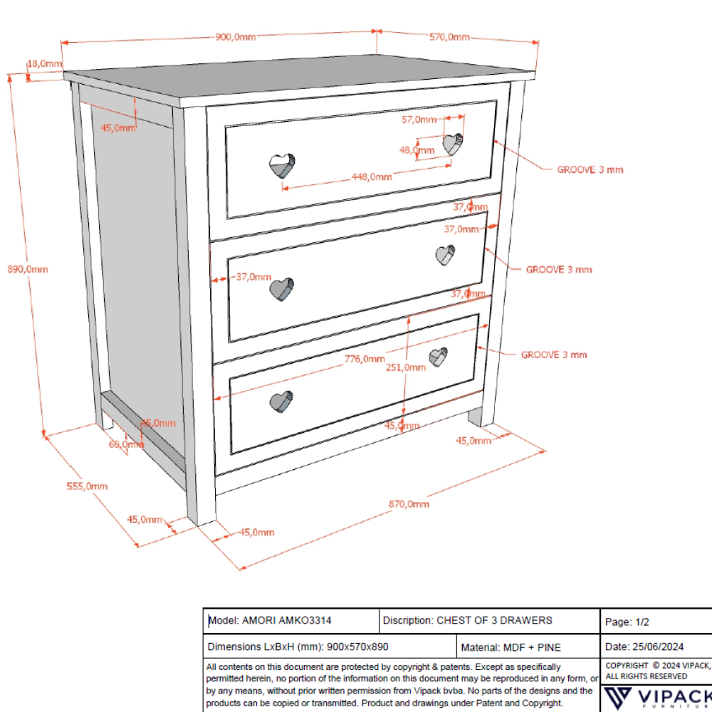The Amori Dresser with Changing Top White baby room dresser with hearts & romantic charm includes attachment for changing or diaper mat & soft close drawers
