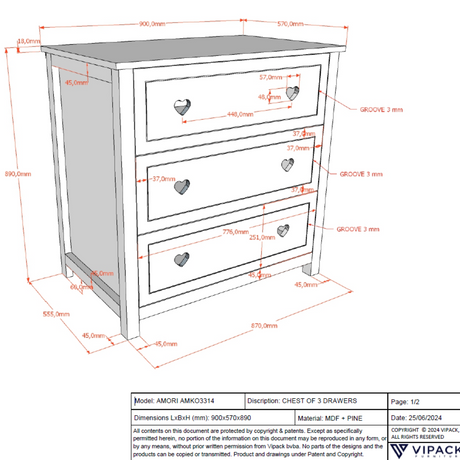 The Amori Dresser with Changing Top White baby room dresser with hearts & romantic charm includes attachment for changing or diaper mat & soft close drawers