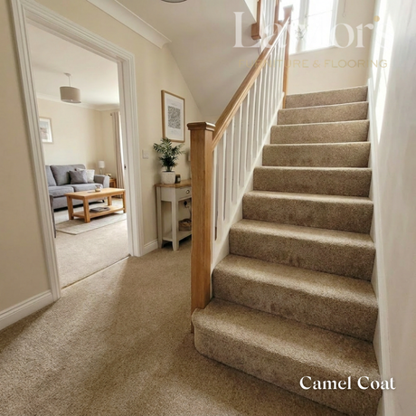 Staircase with carpeted steps leading to a living room