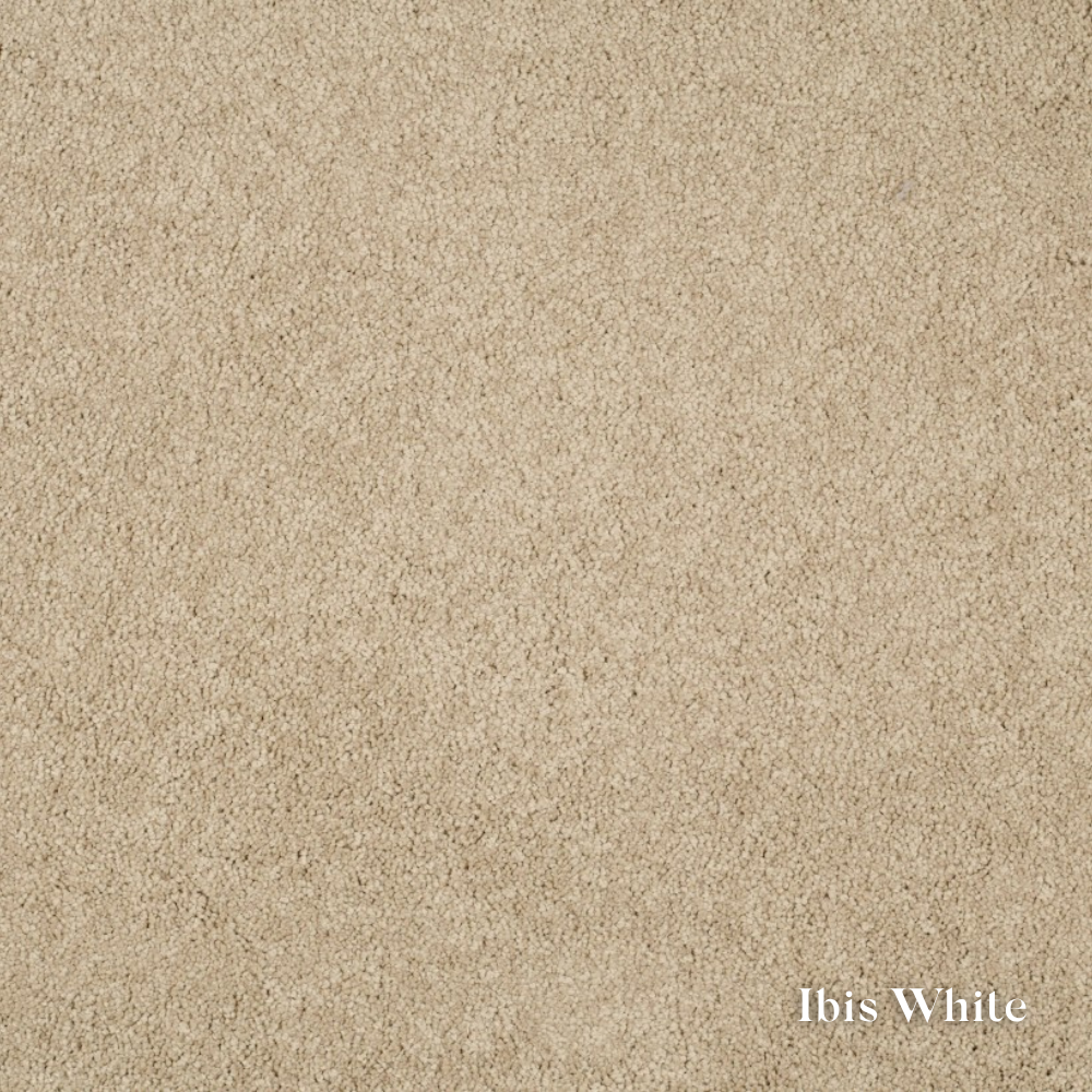 Beige carpet texture with 'Ibis White' label