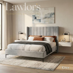 Alrington Bedframe in Grey with a modern vertical panel headboard, soft upholstered frame and sleek legs.