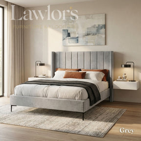 Alrington Bedframe in Grey with a modern vertical panel headboard, soft upholstered frame and sleek legs.