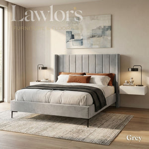Alrington Bedframe in Grey with a modern vertical panel headboard, soft upholstered frame and sleek legs.