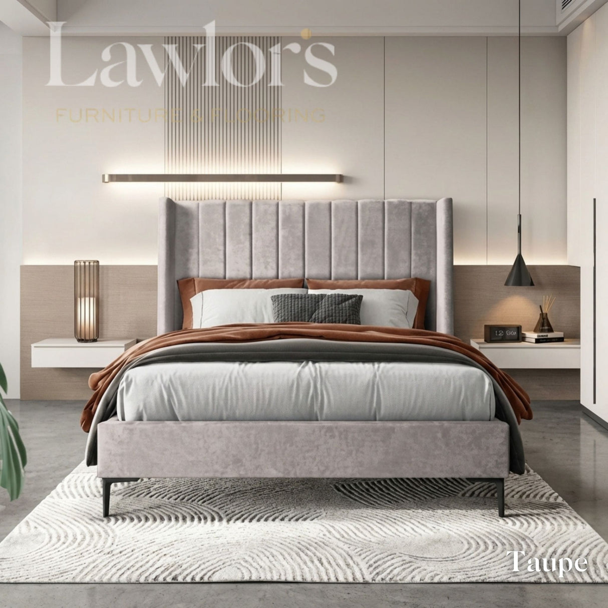 Alrington Bedframe in Taupe with a modern vertical panel headboard, soft upholstered frame and sleek legs.
