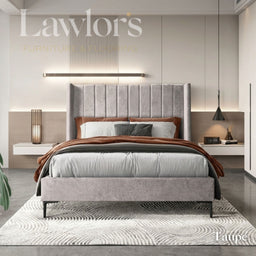 Alrington Bedframe in Taupe with a modern vertical panel headboard, soft upholstered frame and sleek legs.