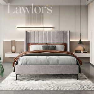 Alrington Bedframe in Taupe with a modern vertical panel headboard, soft upholstered frame and sleek legs.
