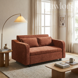 Red sofa bed in a living room with a coffee table and lamp.