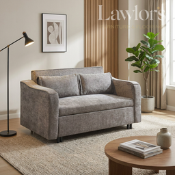 Grey sofa bed in a living room with a lamp, plant, and coffee table.