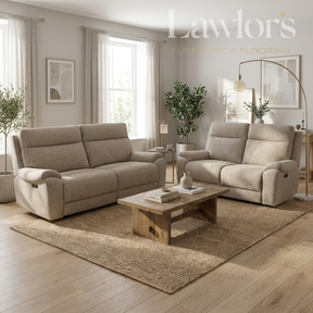 Living room with grey recliner sofa set and wooden coffee table