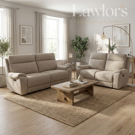 Living room with grey recliner sofa set and wooden coffee table