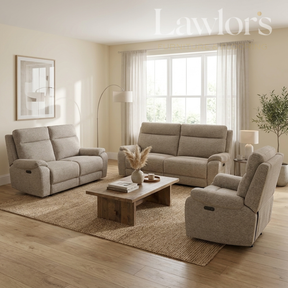 Living room with beige 3+2+1 recliner sofas set and a wooden coffee table