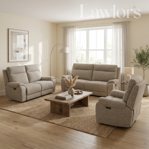 Living room with beige 3+2+1 recliner sofas set and a wooden coffee table