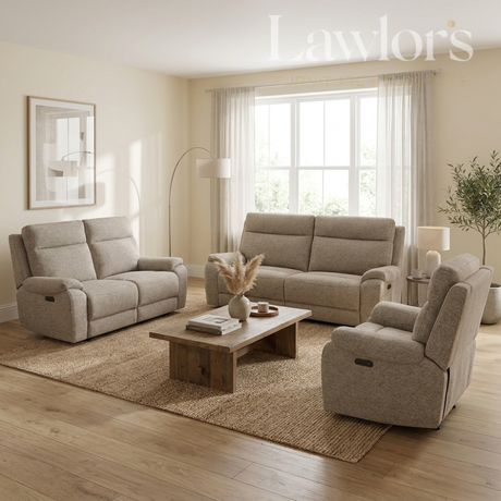 Living room with beige 3+2+1 recliner sofas set and a wooden coffee table