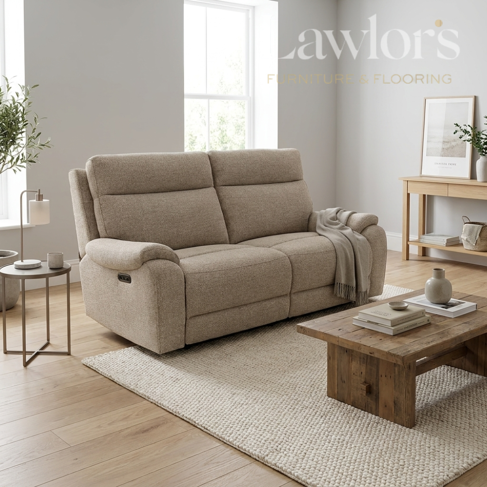 Beige 3 seater recliner sofa in a living room with wooden coffee table