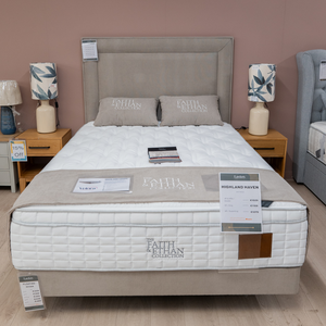 The Azura Fabric Bed Headboard and Floating Base Divan features 6" bold border, plush padding, custom fabric, colour & size options, adding style to any bed!